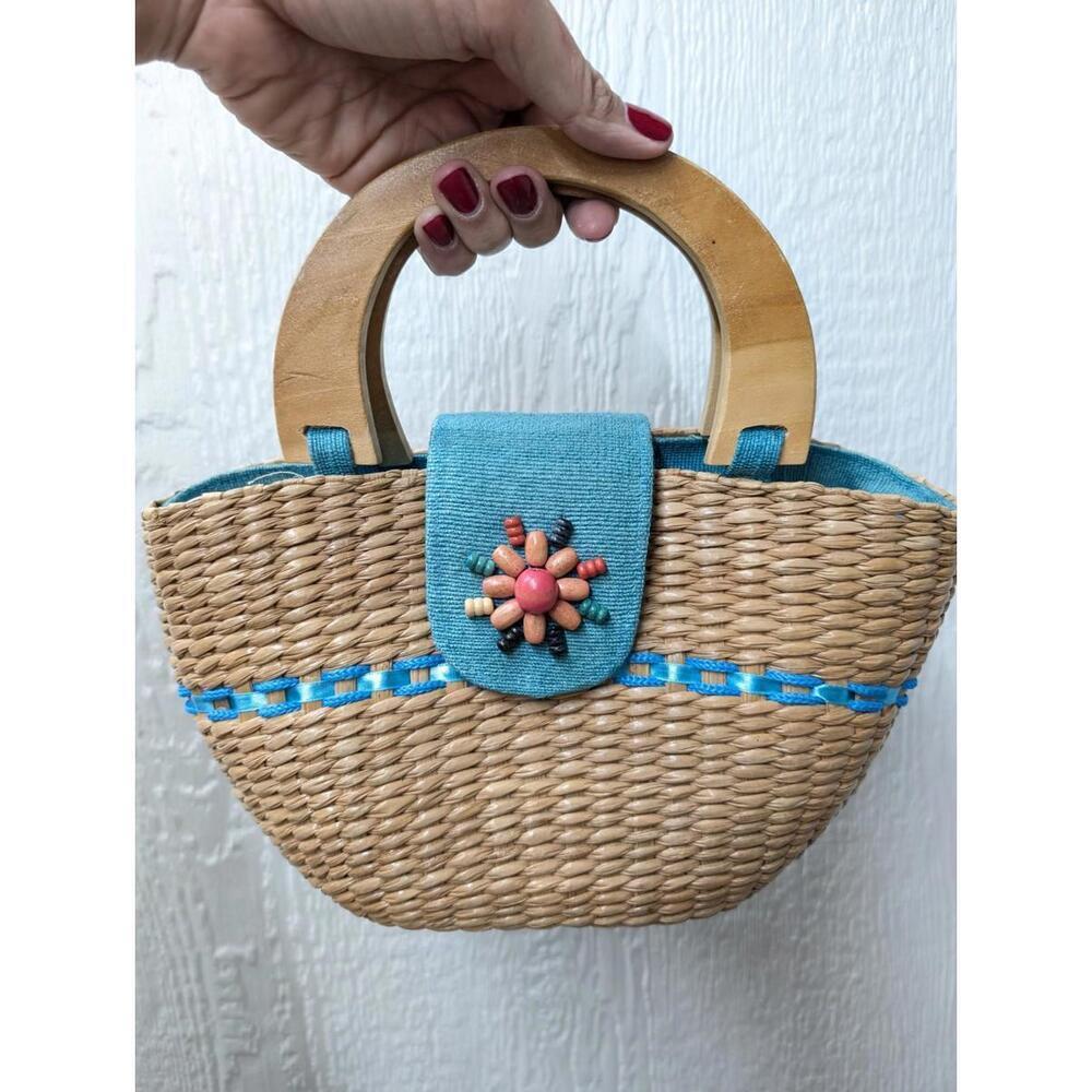 Vtg Woven Straw Fabric Hand Bag Wood Beads Handles Seed Beads Summer Bag